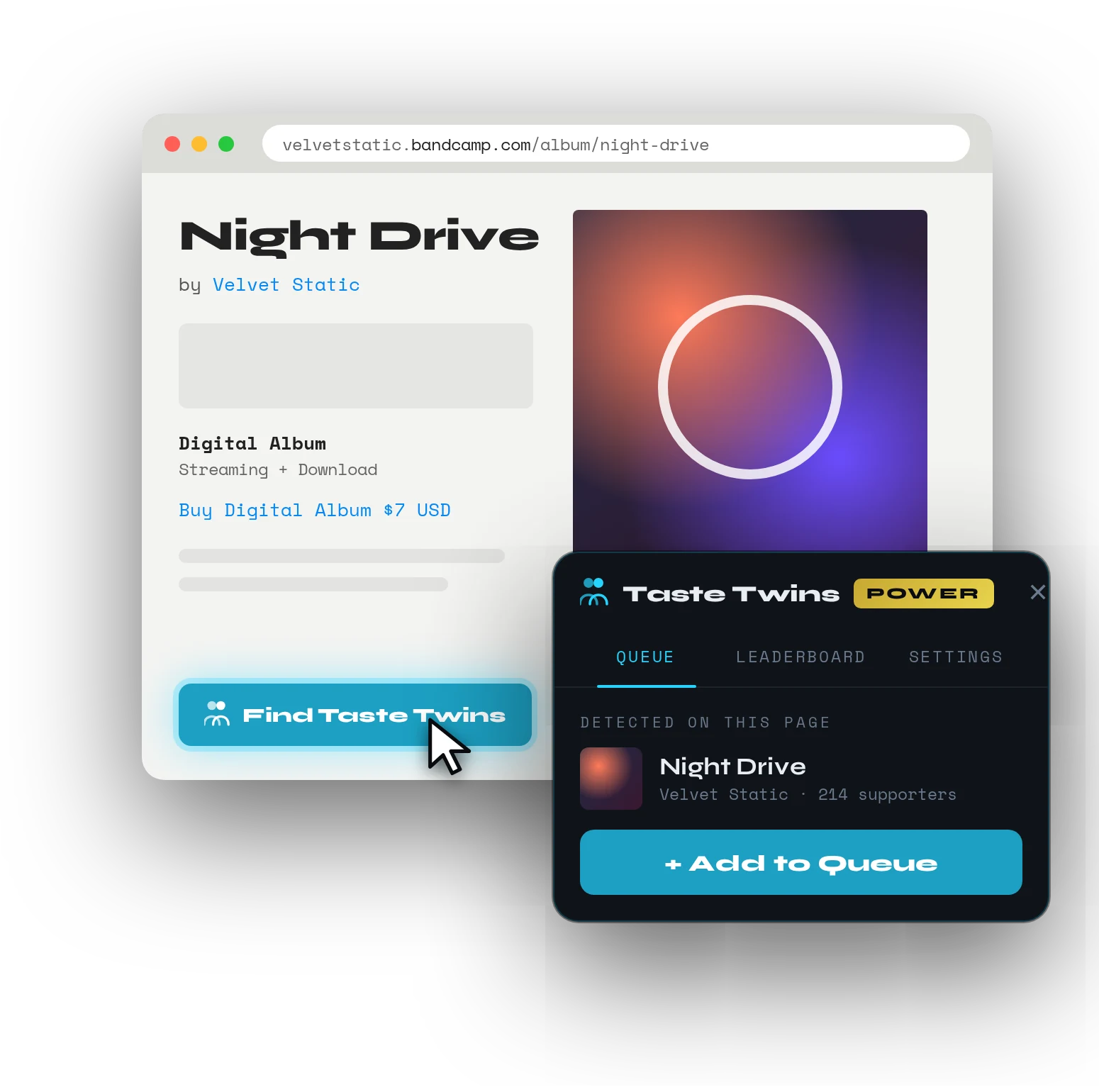 A Bandcamp album page with the Find Taste Twins button and the extension popup offering Add to Queue