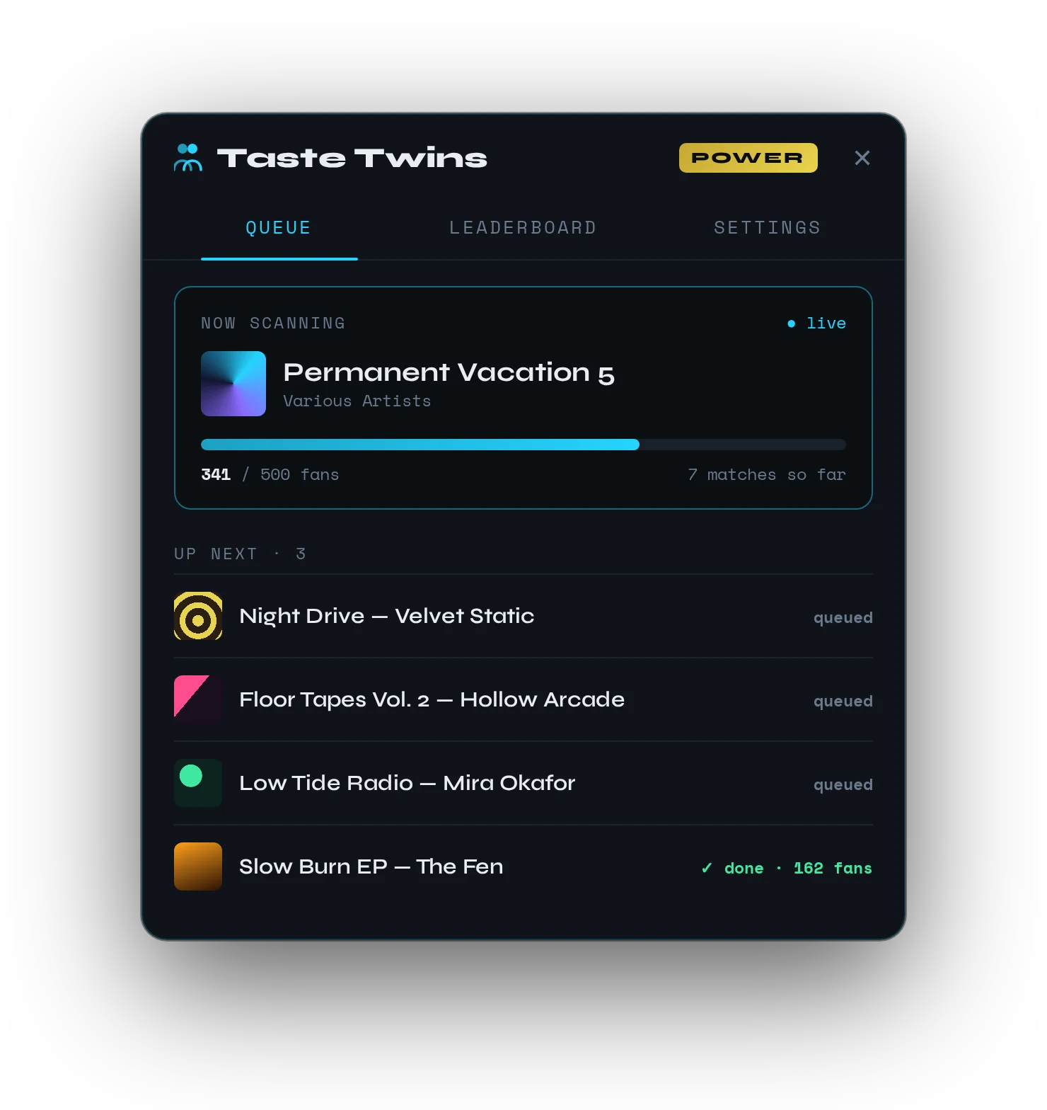 The TasteTwins Queue tab showing an album being scanned with a progress bar and more albums up next