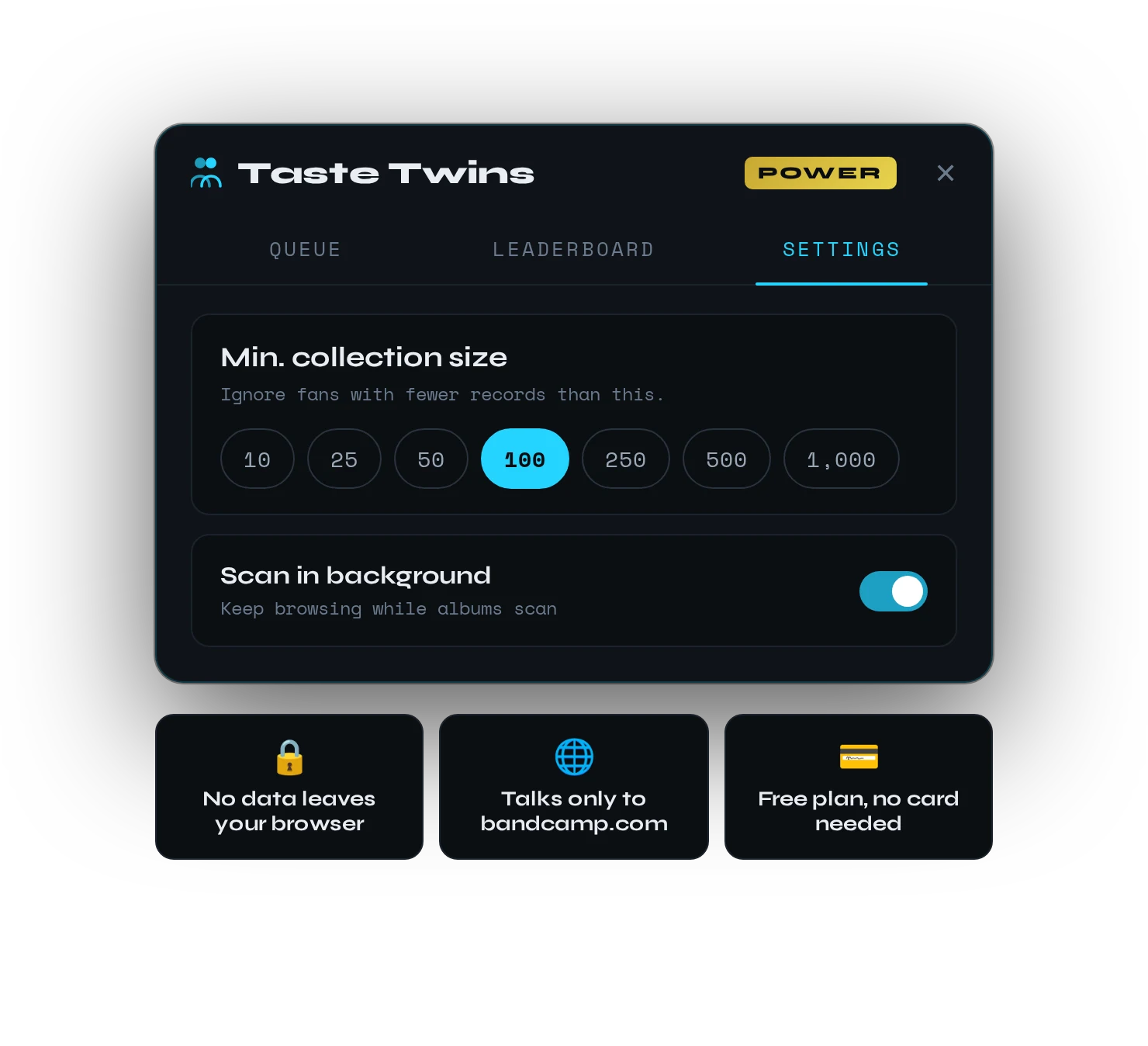 The TasteTwins Settings tab with minimum collection size options and privacy highlights
